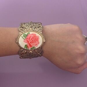Vintage Style Pink Rose Cameo Wide Cuff Bracelet Gold Tone Filigree